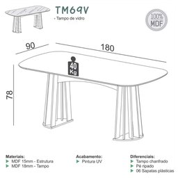 Conjunto de Jantar 6 Lugares Mesa Tampo em Vidro 1,80m Dalla - 3
