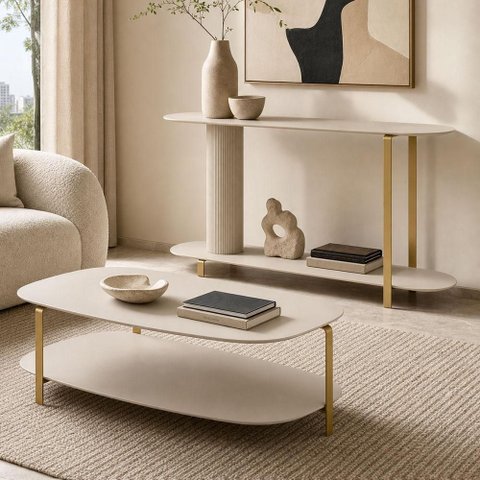 Kit Aparador e Mesa de Centro para Sala de Estar Orgânico Industrial Épic L05 Off White - Lyam