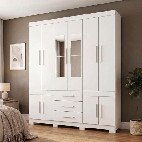 Guarda-Roupa Casal 10 Portas, 3 Gavetas, Pés e Espelho MDF Safira Plus Branco