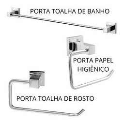 Kit 3 Acessórios Banheiro Moderno Porta Toallhas de Banho + Toalheiro de Rosto + Papeleira Cromado - 3