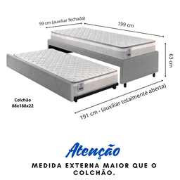 Bicama Box Solteiro Courino Linho Cinza 88x188 com Dois Colchões Hanover Molas Ensacadas Inducol - 2