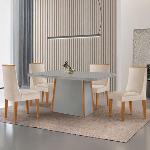 Mesa de Jantar Diane 120cm Tampo MDF Vidro 4 Cadeiras Lisboa Moderna Veludo Creme Off White Naturale