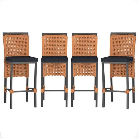 4 Banqueta em Alumínio Roma Preta Corda Náutica Tecido 12 Terra Cota
