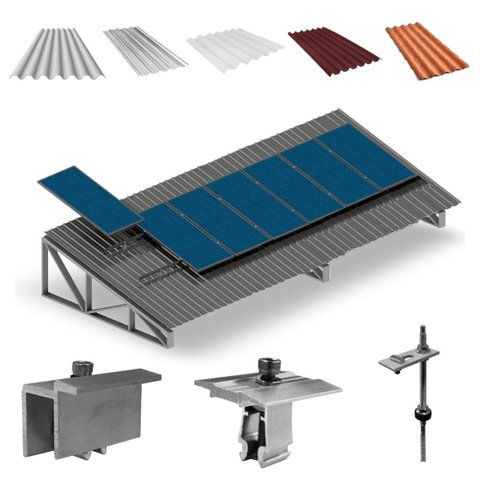 Kit Estrutura Suporte Fixador Para 07 Placas Solar Alumínio e Inox Telha Fibro Ondulada em Viga Metá