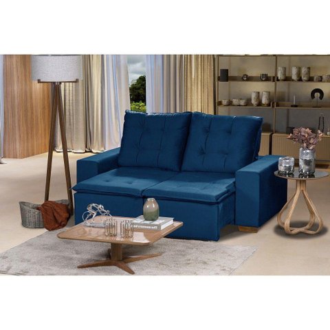 Sofá 3 Lugares 1.90 Mt Com Molas Retrátil E Reclinável Azul