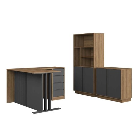 Conjunto para Escritório com 3 Peças Mesa L Armário Alto com Nichos e Balcão Mel Grafite