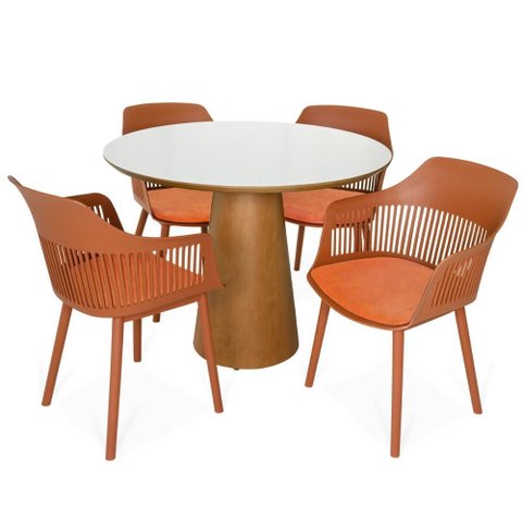 Conjunto Mesa de Jantar Redonda Quiara 100cm Branco com 4 Cadeiras Marcela - Marrom