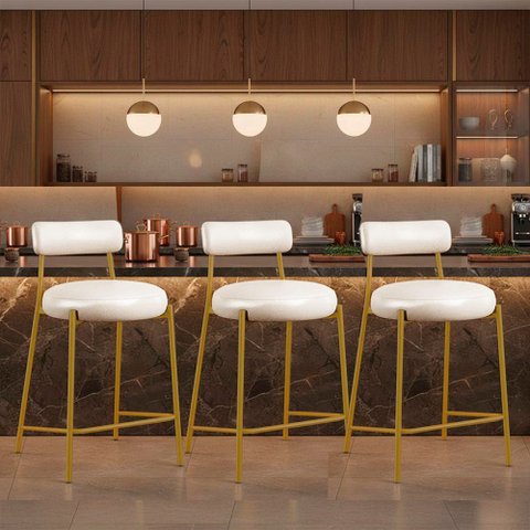 Banqueta Cozinha Média com Encosto Kit 3 Industrial Dourado Londres PU Facto D03 - D'Rossi