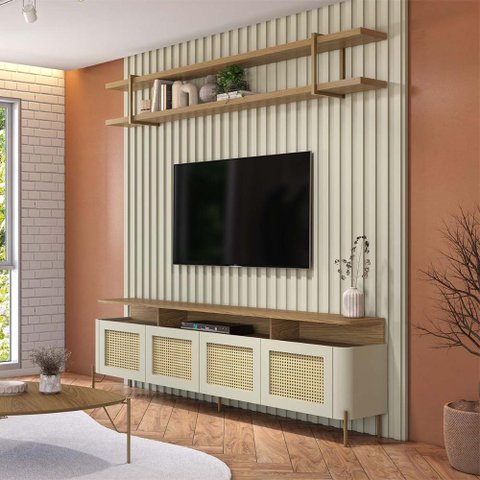 Rack com Prateleira e Painel Ripado 200cm 100% Mdf Cor:louro e Luna com Dourado