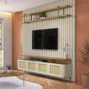 Ver imagem 1 de Rack com Prateleira e Painel Ripado 200cm 100% Mdf Cor:louro e Luna com Dourado