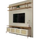 Ver imagem 2 de Rack com Prateleira e Painel Ripado 200cm 100% Mdf Cor:louro e Luna com Dourado