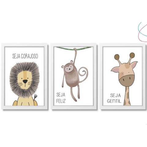Quadros Decorativos Infantil Safari Animais Floresta:branca
