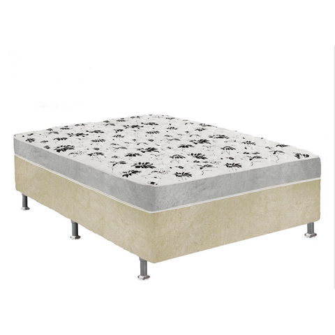 Cama Box Casal Suede Bege + Colchão Casal Suede Cinza Orto Molas Bonnel 138x188x55