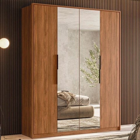 Guarda Roupa Casal 4 Portas com Espelho e 3 Gavetas Grécia - Nogueira Touch