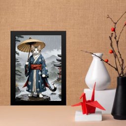 Quadro Arte Oriental Gato Samurai 45x34cm:moldura Preta - 1