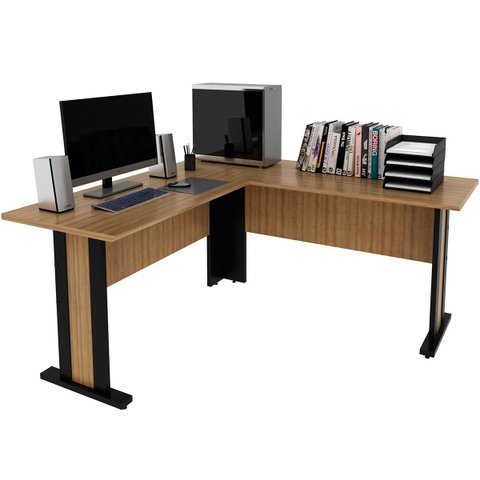 Mesa de Canto para Escritório em L Angular Amêndoa/Preto