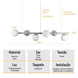 Lustre Pendente Figo Prata - 6 Globos Esfera de Vidro Branco - 6-2620-15-br - 8