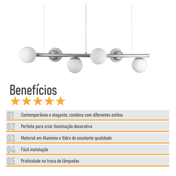 Lustre Pendente Figo Prata - 6 Globos Esfera de Vidro Branco - 6-2620-15-br - 9