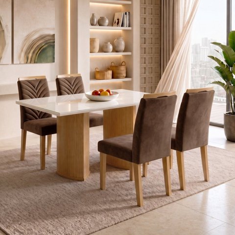Conjunto Sala de Jantar 4 Lugares Retangular Tampo Vidro/MDF 120x80cm Mesa Isla e Cadeiras Carol