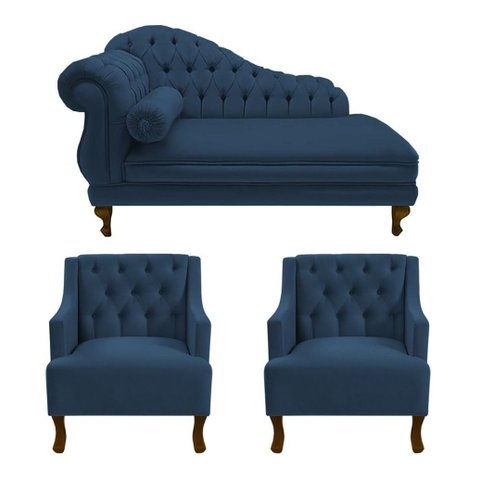Recamier Larissa 150 cm e 2 Poltronas Genesis Suede Azul Marinho