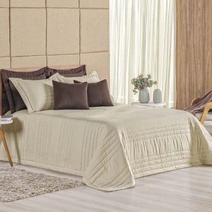 Kit Cobre Leito Colcha Dobby Queen 3 Peças Matelado 180 Fios - Cáqui