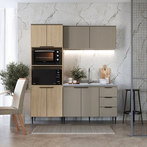 Cozinha Completa Modulada 3 Peças com Torre Quente Lavínia Marrom/Imperial/Fumê