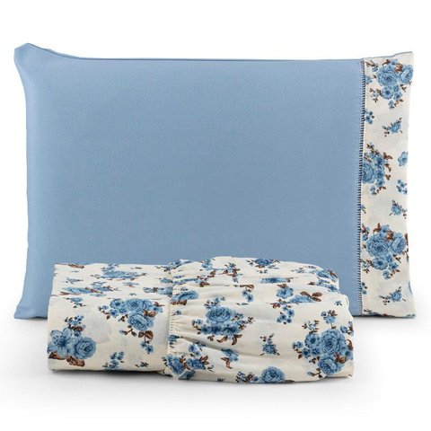 Jogo de Lençol Solteiro 2 Peças 180 Fios Algodão Estampado:florzinha-azul