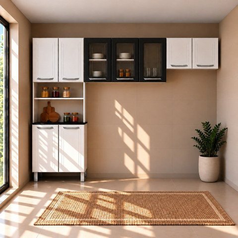 Armário de Cozinha de Aço com Vidro 3 Peças Topázio Branco/Preto