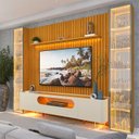 Ver imagem 1 de Rack Painel Ripado para TV até 84 Polegadas com LED 100% MDF 304,8cmx237cm Pés em Madeira Maciça Nobre Clean Luminare Marrom Naturale/Off White