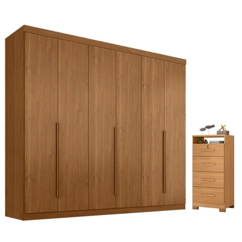 Guarda Roupa Casal New Monumental 6 Portas com Cômoda Primordial Max 4 Gavetas Cinamomo Fosco-