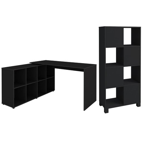 Mesa Escrivaninha em L Eron e Estante Livreiro Maly A06 Preto - Mpozenato