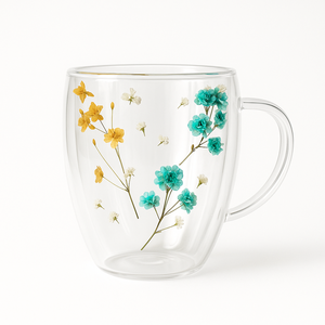 Caneca Xícara 350ml Chá Café Parede Dupla de Vidro com Flores Coloridas Primavera Decorativas:verde/