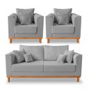Ver imagem 1 de Kit Sofá 3 Lugares e 2 Poltronas Beny Viena Para Sala de Estar Linho Cinza - Madeira Prima Deccor