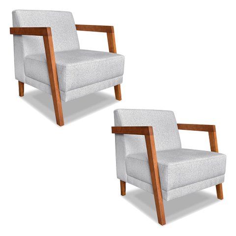 Kit 02 Poltronas Decorativa Natália Linho Base em Madeira Castanho - Pallazio