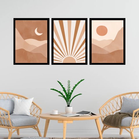 Kit 3 Quadros Sol e Lua - Boho Marrom 45x34cm - com Vidro:moldura Preta