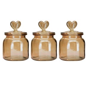 Jogo 3 Potes Vidro Hermético Âmbar Decor Afeto Coração 650ml