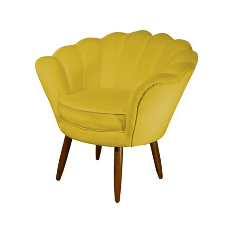 Poltrona Decorativa Pétala Couro Amarelo Pés Madeira Ms Decor