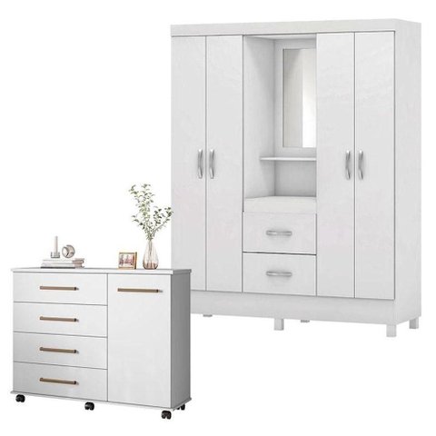 Cômoda Flora e Guarda Roupa Casal Lord Branco Flex - Demóbile