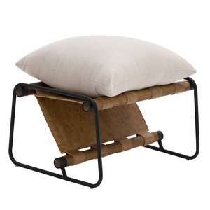 Puff Decorativo Turim Base Aço Preto Recouro Camel Linho Off White - Nexta