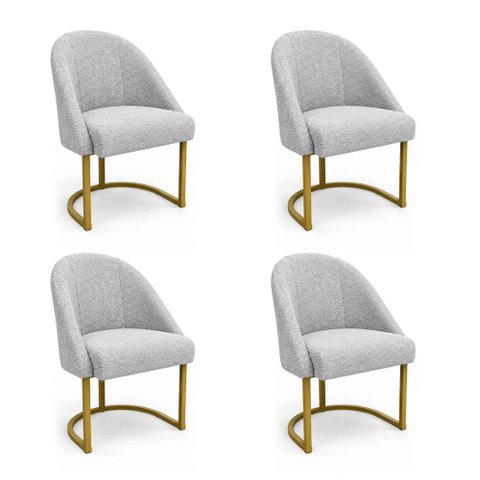 Kit 04 Cadeiras Poltrona de Jantar Lua Boucle Cinza Base Ferro Dourado Dal Poz Estofados