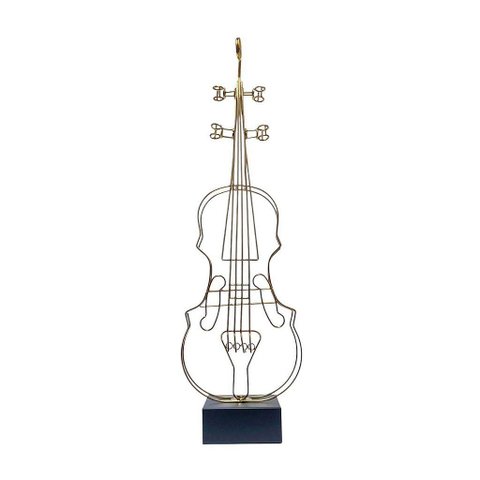 Escultura Metal Violino Dourado Pedestal Preto 67,5cm