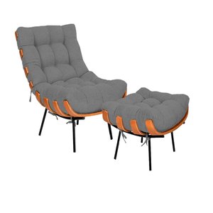 Poltrona Costela com Puff no Bouclê Cinza - Belliv Decor