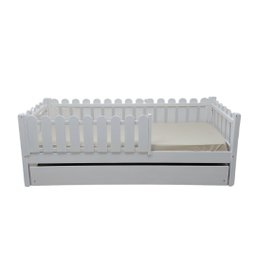 Bicama Solteiro Base Montessoriana Madeira Maciça Pinus - Branco - Grade Cercadinho Completa - 1