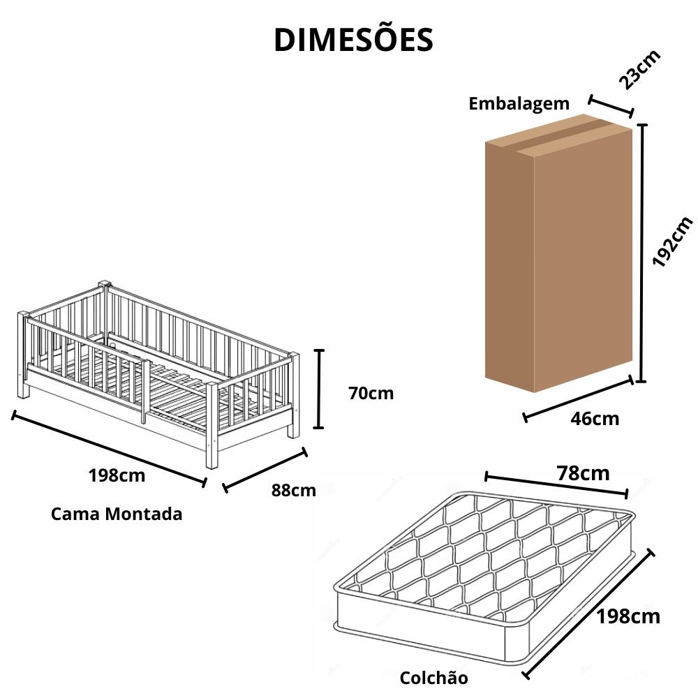 Bicama Solteiro Base Montessoriana Madeira Maciça Pinus - Branco - Grade Cercadinho Completa - 2