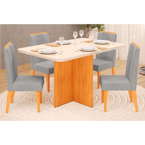 Conjunto: Mesa Sala Jantar Hera Tampo Madeirado C/ Vidro Reto 120x90cm e 4 Cadeiras Lia Cedro/off