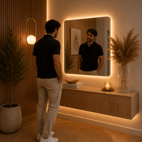 Espelho Sardenha - Linha Couro - - Preto - 110x110 - com LED