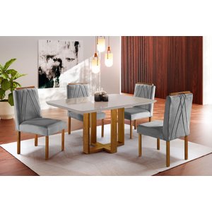 Conjunto Sala de Jantar Mesa e 4 Cadeiras Madeica Maciça Madri Linho Cinza