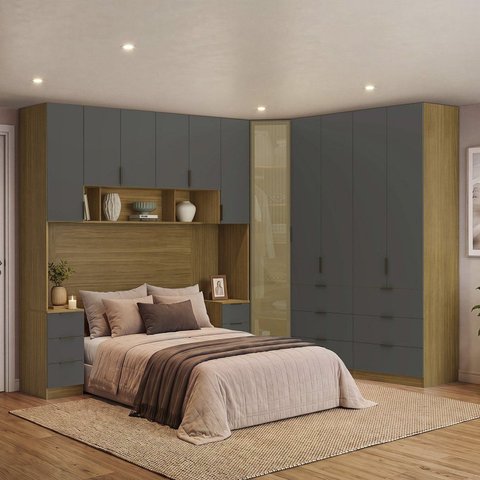 Quarto Modulado Queen 6 Peças Altezza Clean Freijó/Titânio