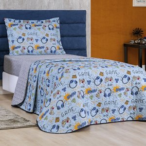 Colcha Infantil Solteiro 2 Peças Menino e Menina Estampada Cobre Leito Teen Dupla Face Cama Box Game