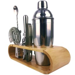 Coqueteleira Profissional Com Acessórios em Aço Inox 750ml Kit Barman Base em Madeira - Premium - 5